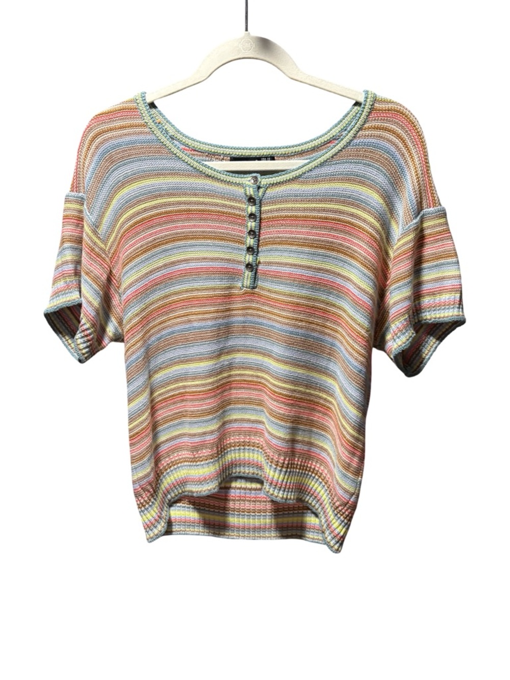Black Tape Pastel Striped Knit Henley Short Sleeve Sweater Crop Top XS